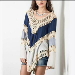 Crochet trim colorblock cover up top blue one size